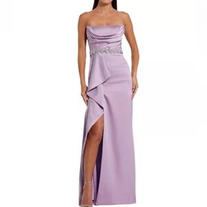 NWT Mac Duggal Sz 4 Lilac Strapless Satin Lilac Gown Rhinestones 44133